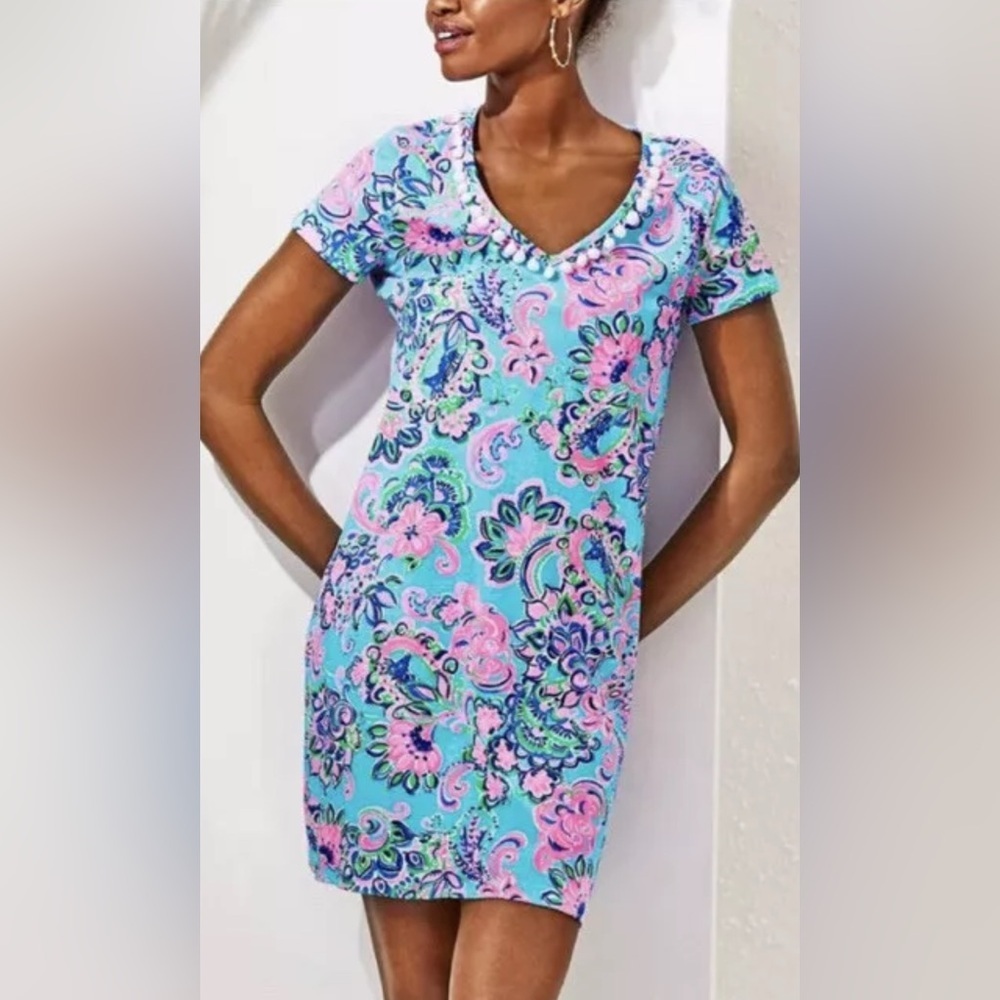 Lilly Pulitzer Etta V-Neck T-Shirt Dress Blue Horizon Jungle Sunrise XS EUC - Picture 2 of 9